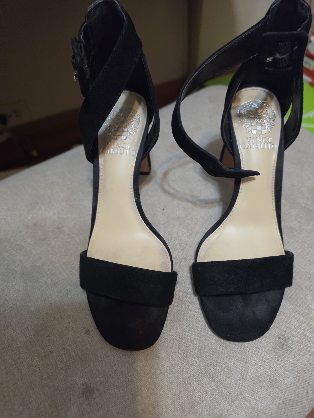 Vince Camuto Black Suede Open-Toe Ankle-Strap Heels